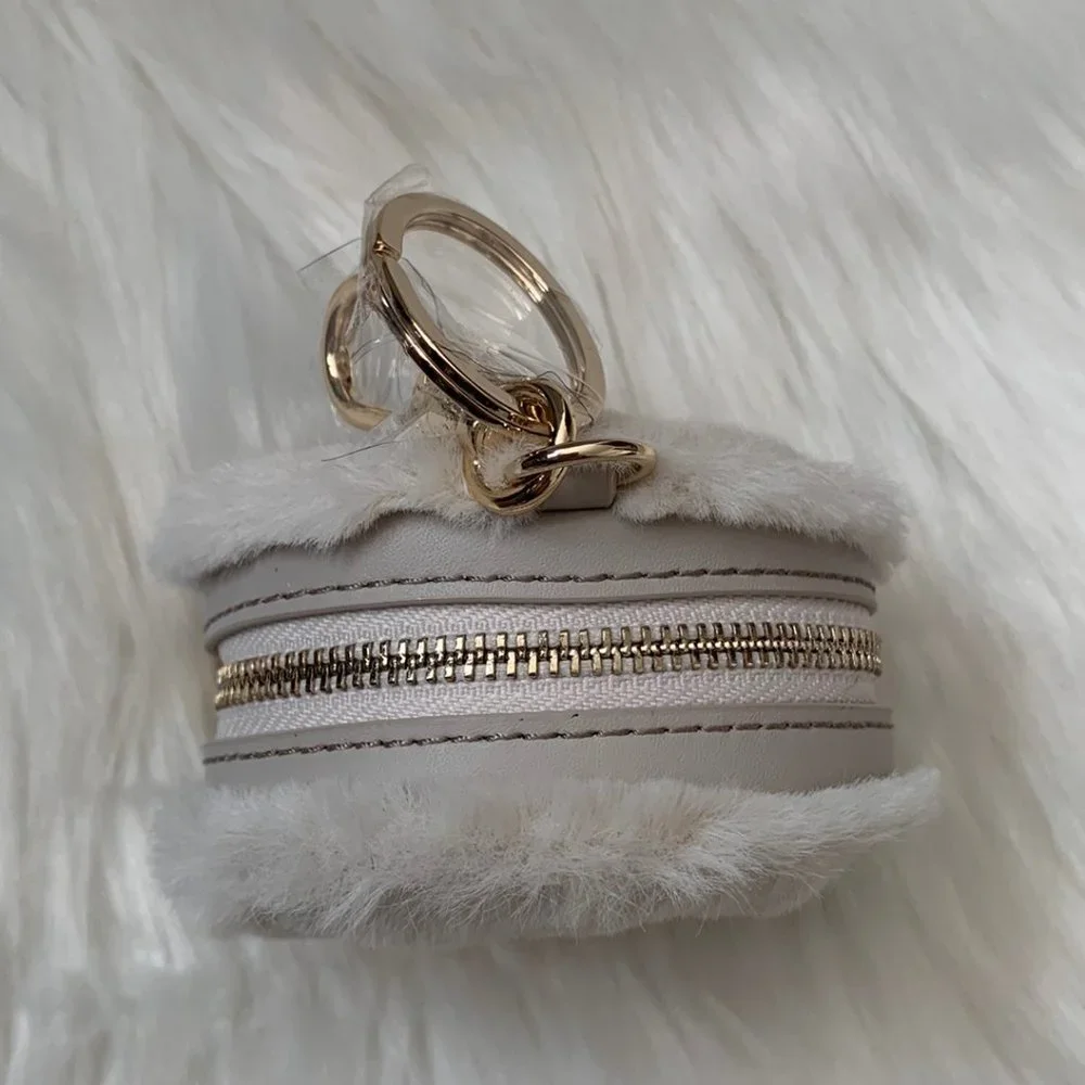 FURLA Faux Fur and Leather Round Logo Coin Purse Key Ring in Ivory - Picture 4 of 5